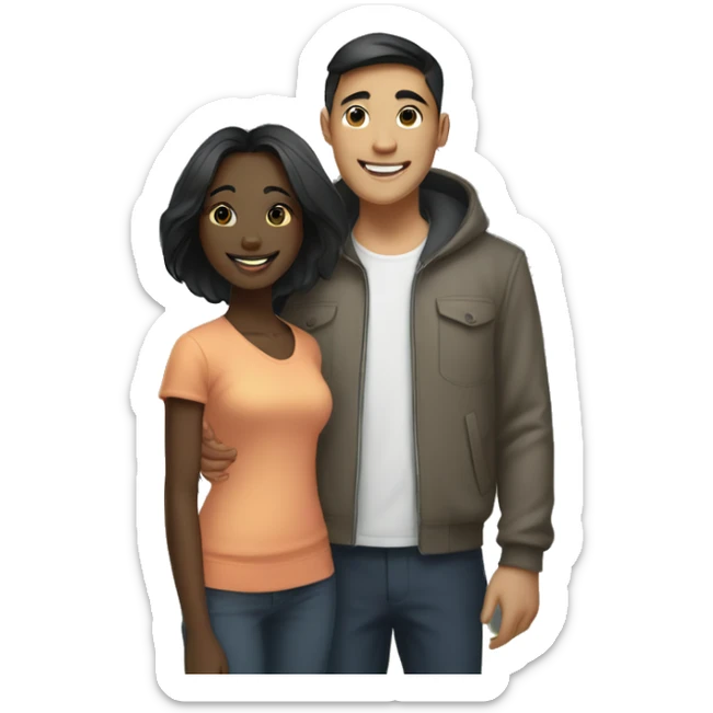 Young Asian man and young, dark skin, black female, who are rich, standing in front of their big house, smiling and happy. sticker