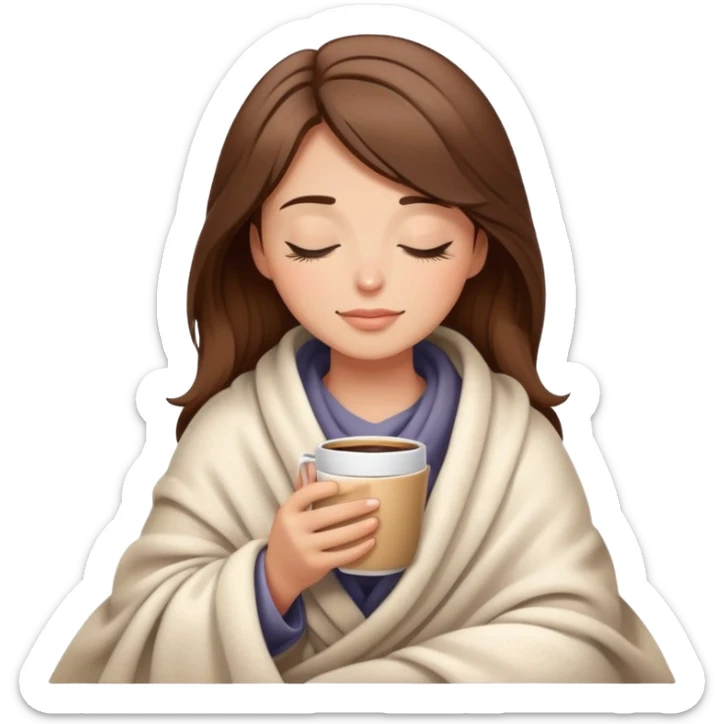 Relaxed woman with brown hair in blanket holding coffee cup with closed eyes sticker
