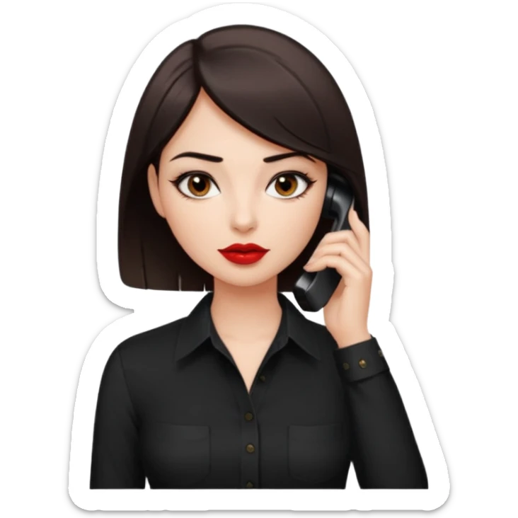 generate a pretty fair bratz girl with dark brown eyes. Dark brown hair straight short hair. tight black button up shirt with top shirt open.  Talking on the phone. Red lipstick, eyeliner on sticker