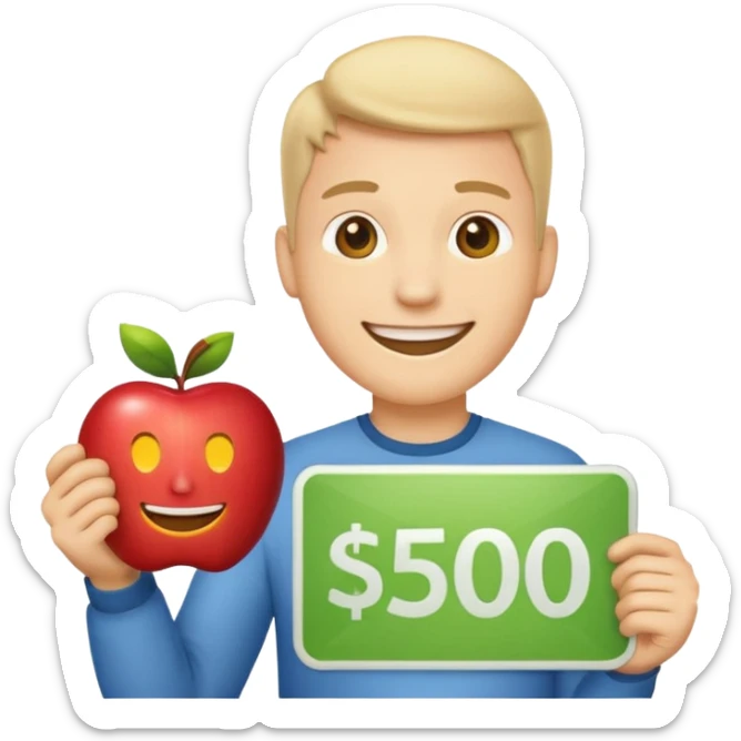 apple style emoji of a guy happily holding a sign showing $5,000 a month sticker