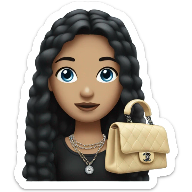 a girl with fair skin, straight black hair, blue eyes, with a Chanel handbag in her hand, stands sticker