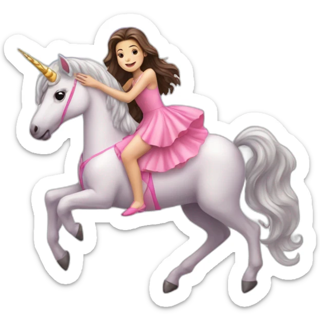 A brunette girl in pink dress ride a unicorn on a rainbow sticker