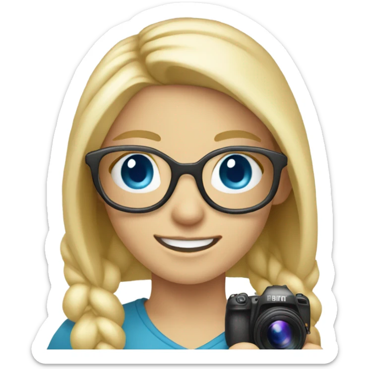 blonde girl with glasses smiling blue eyes taking pictures with a camera  sticker