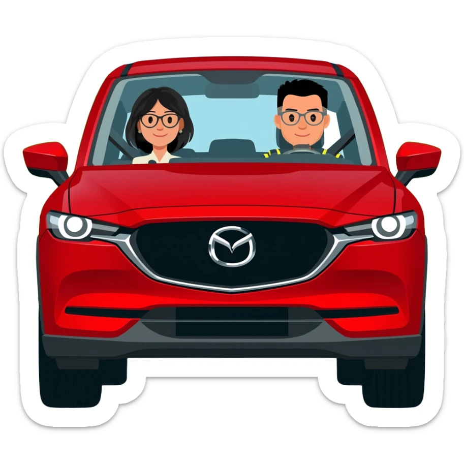 camioneta mazda cx 5 roja con una conductora mujer con lentes de cabello negro y un copiloco hombre de pelo corto negro y lentes, todo en caricatura sobre una avenida principal con paisaje verde sticker