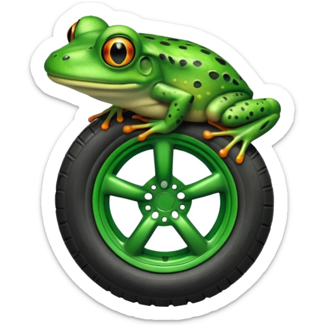 Frog head on top of tire. The tire is the body and the legs are on the bottom of the tire sticker