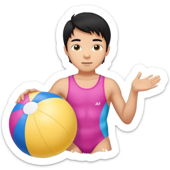 Hawaiian boy with black hair with pink highlights and a swimsuit, with beach ball sticker
