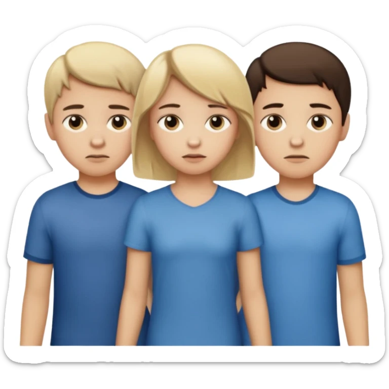  iOS emoji style.
A girl holding hands with two boys at the same time,one boy si brunette the other blonde, one on each side.
The girl has a suspicious, guilty expression, slightly turned eyes.
The boys look neutral and unaware.
 smooth gradients, rounded shape sticker