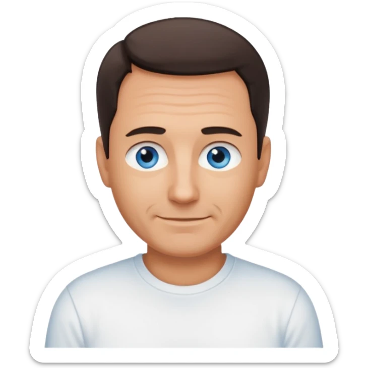 Middle aged man with tanned skin, receding dark hair and no beard, blue eyes, shy smile sticker