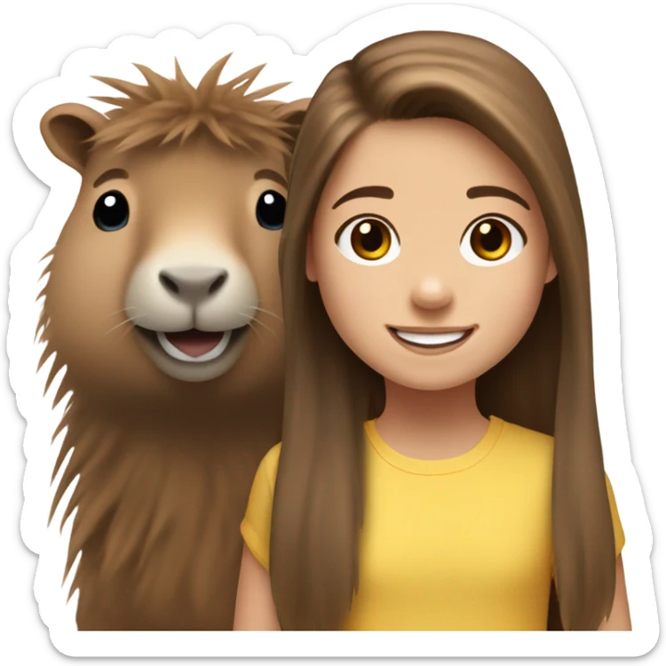happy 10-year-old white girl with long brown hair kind of messy hair, smiling next to capybara sticker
