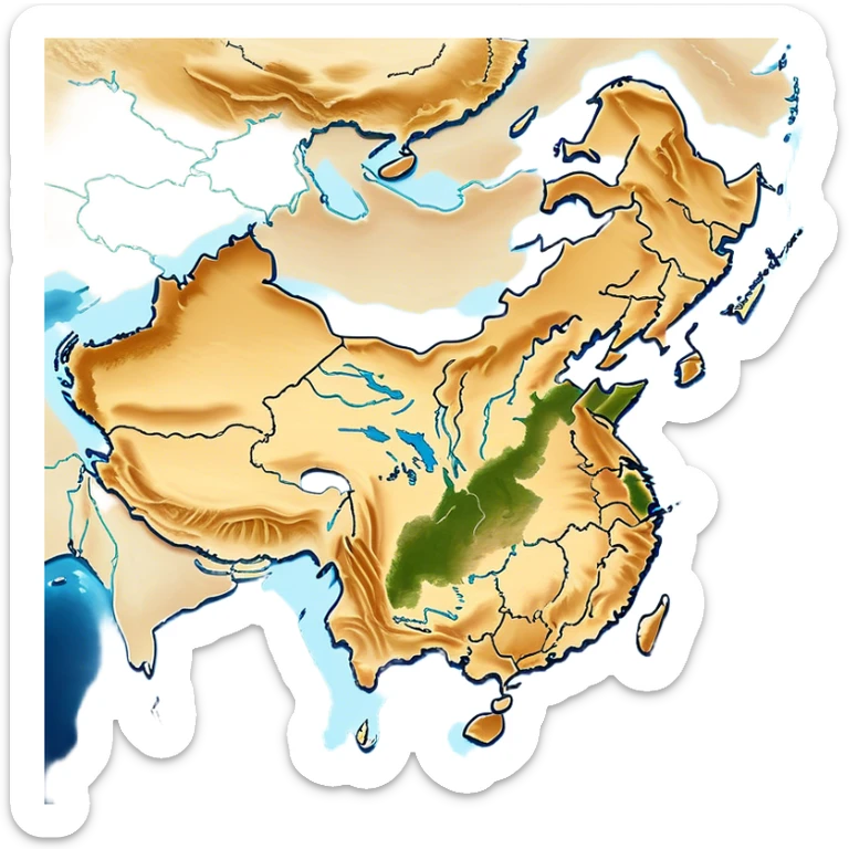 Cinematic-realistic outline of china, featuring its distinct landmass with accurately defined coastlines. The deep blue ocean surrounds the golden-brown continent, with subtle topographic shading to highlight its terrain. A soft glowing effect enhances the edges, making the shape stand out against a neutral, textured background. sticker