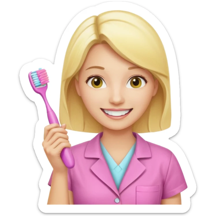 dentista mulher, loira, pele branca, camisa rosa, segurando uma escova de dentes amarela e sorrindo transmitindo verdade e confiança sticker