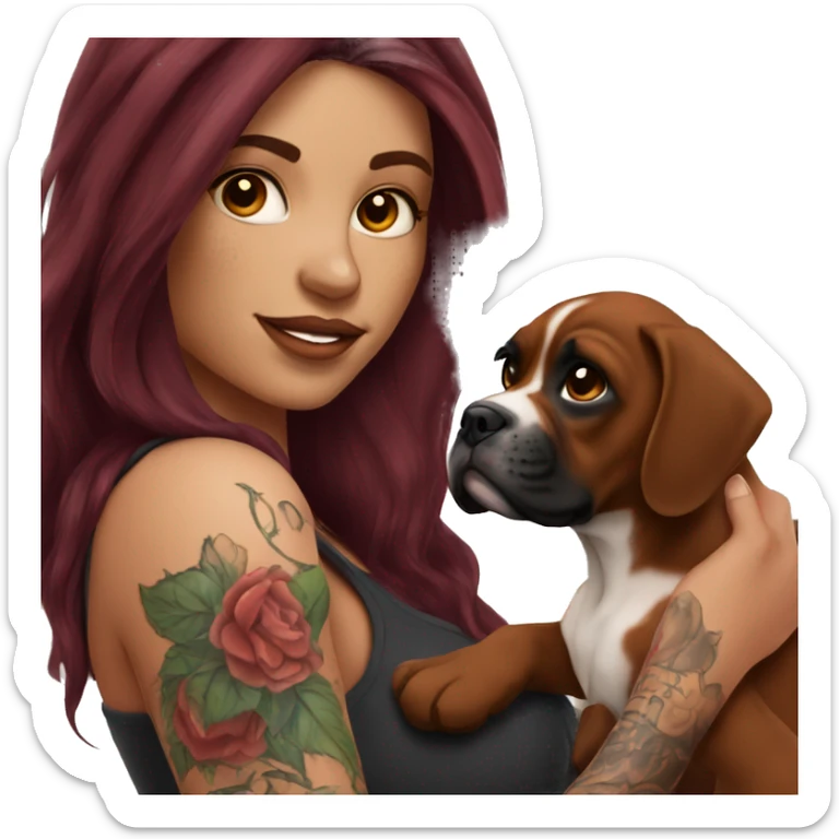 Beautiful tattooed  burgundy long haired woman holding a boxer puppy sticker