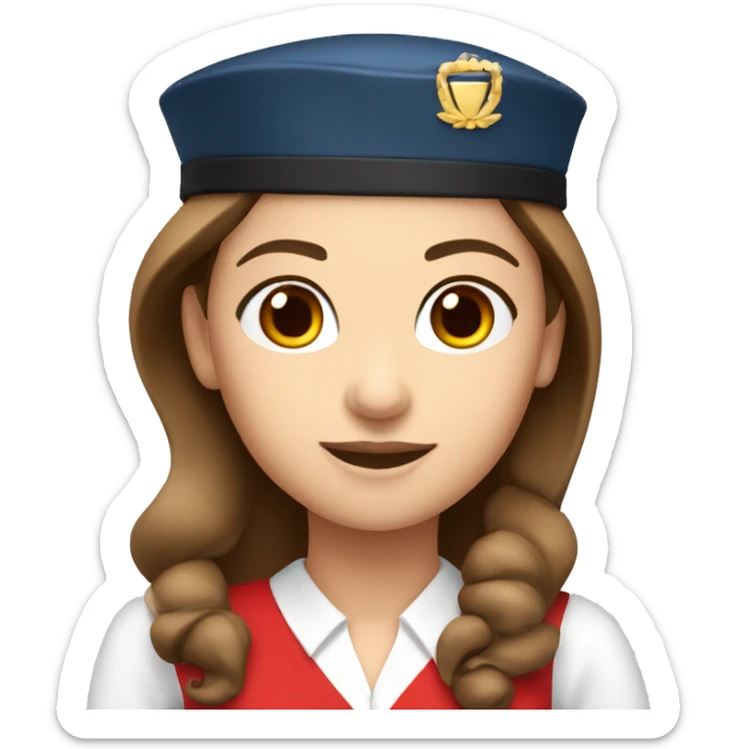 A white stewardess with long brown hair and brown eyes  in a red uniform and a red beret sticker