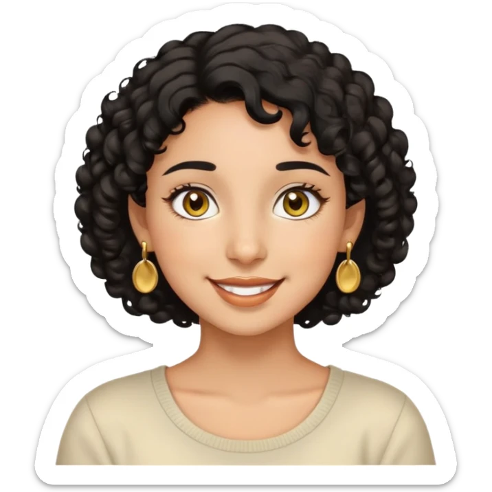 Girl showing happiness, medium skin tone, short curly black hair, gold earrings, hazel eyes sticker