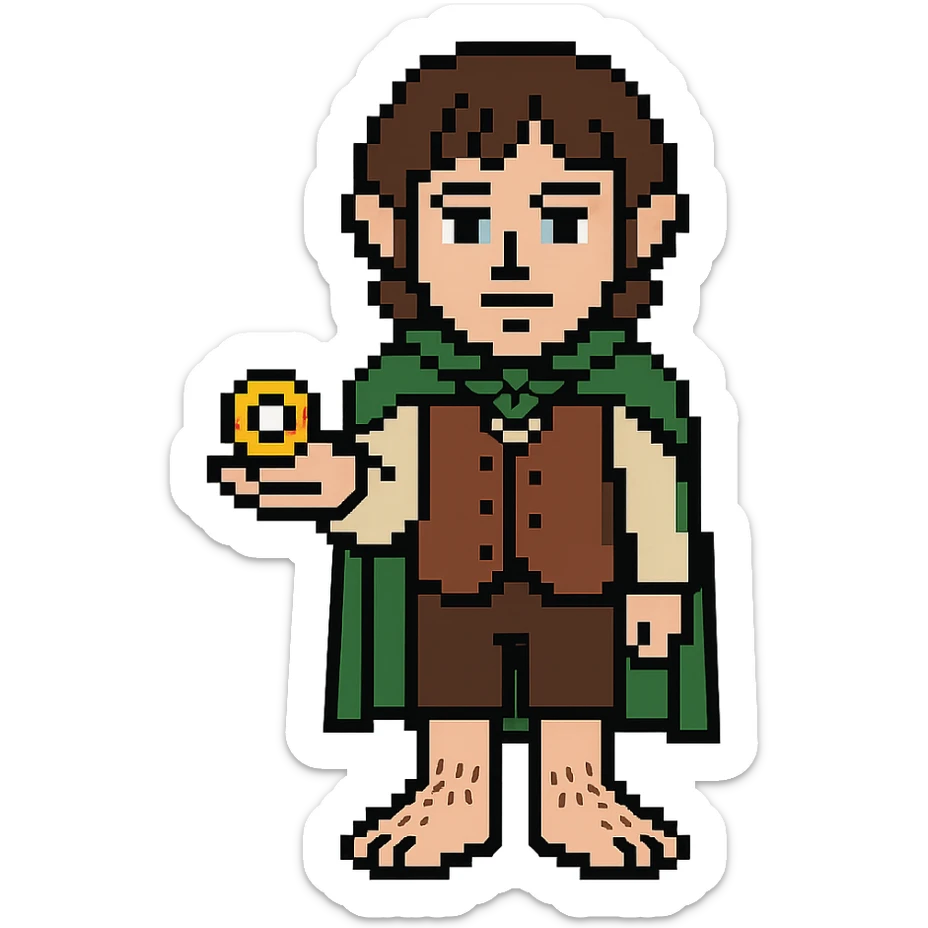 Whole body image of Frodo Baggins from the lord of the rings movie in pixel art style. Make Frodo look like the actor that portrayed him in the movie, Elijah Wood. Frodo is wearing the same green elven cloak with the leaf buckle, brown vest, cream undershirt, dark brown leather short pants, and hairy hobbit feet. He is holding the one ring in the palm of his outstretched hand. the ring is golden yellow with red elven inscription. sticker
