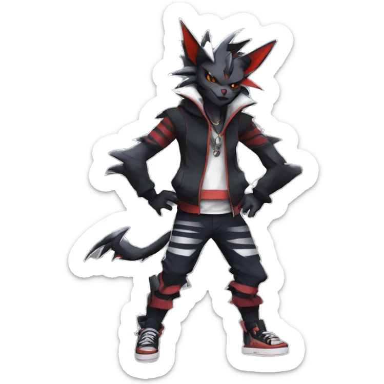 Cool Anthro Black Noivern-Absol-Litten-Pokémon with edgy stripes hoodie spiked collar punk Full Body sticker