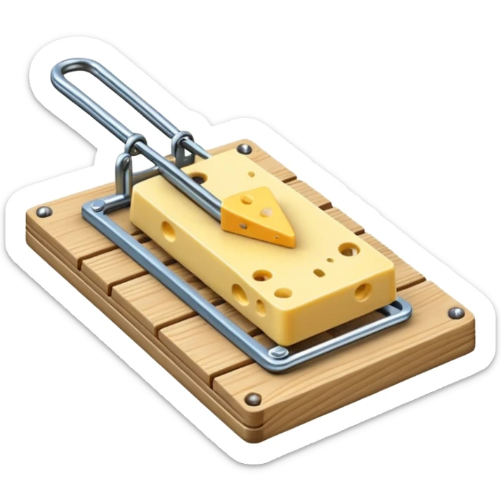 A 3D emoji in iOS emoji aesthetic style of a classic mousetrap with a wooden base and a metal spring mechanism, holding a small piece of yellow cheese, clean and detailed design, white background, glossy Apple-style rendering sticker