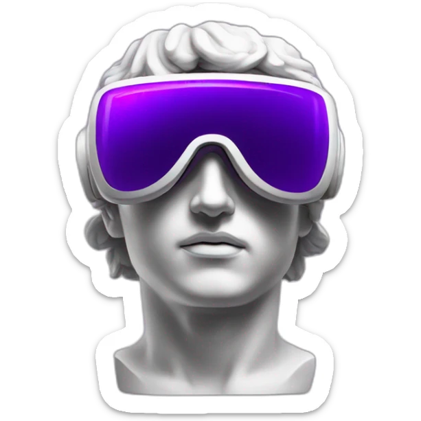 an EMOJI OF A ancient young greek statue, wearing VR headset, purple colors, DIGITAL UNIVERSE sticker