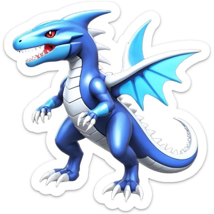 Shiny futuristic Cyber-Garchomp-Kyurem-Salandit-Latios-Lugia-Fakémon-hybrid-creature (full body)  sticker