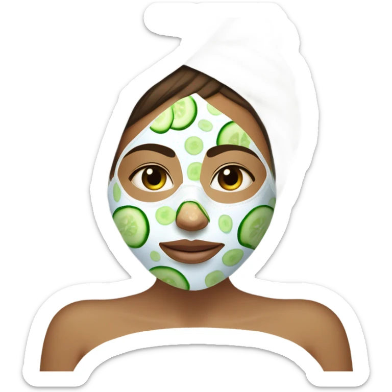 Girl with freackles Brown hair white skin and blue eyes wears Green colored texture skin care mask while She relaxes and puts two round piece of cucumber on her closed eyes In a white Robe sticker