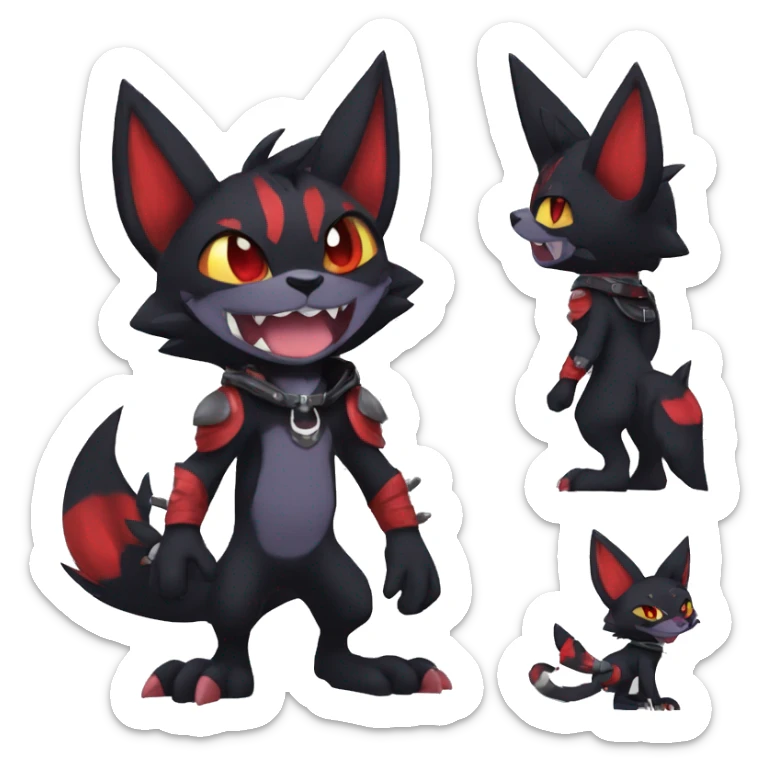 Black Anthro Cool Punk Noibat-Litten-Fakemon-fursona with fangs and red markings Full Body sticker