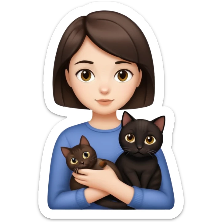 a brunette girl with short hair holding a black and brown cat sticker