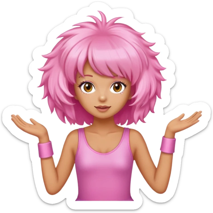 a girl wearing a pink fluffy wig with tanned skin dancing to starships sticker