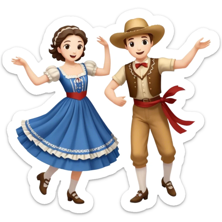 Cinematic Realistic scene of two square dancers in traditional American folk costumes, captured in joyful, coordinated motion with vibrant, rustic lighting that highlights their cultural heritage sticker