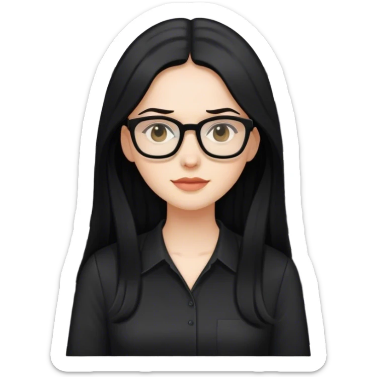 pale woman with long black hair, wearing glasses and black shirt in an office sticker