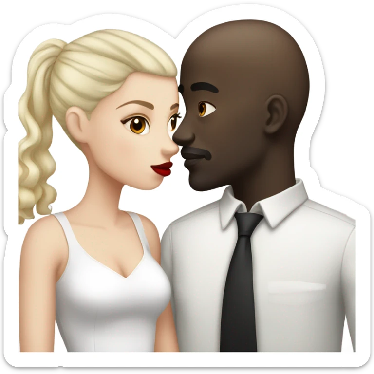 White girl dark hair red lips kissing bald black man sticker