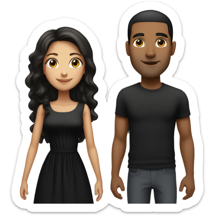 A brunette girl with long hair in a black dress stands next to a tall guy with a short-haired black mulatto sticker