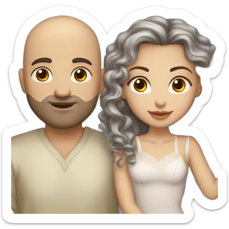 caucasian bald man with grey eyes and a caucasian woman with long curly dark hair and brown eyes kissing sticker