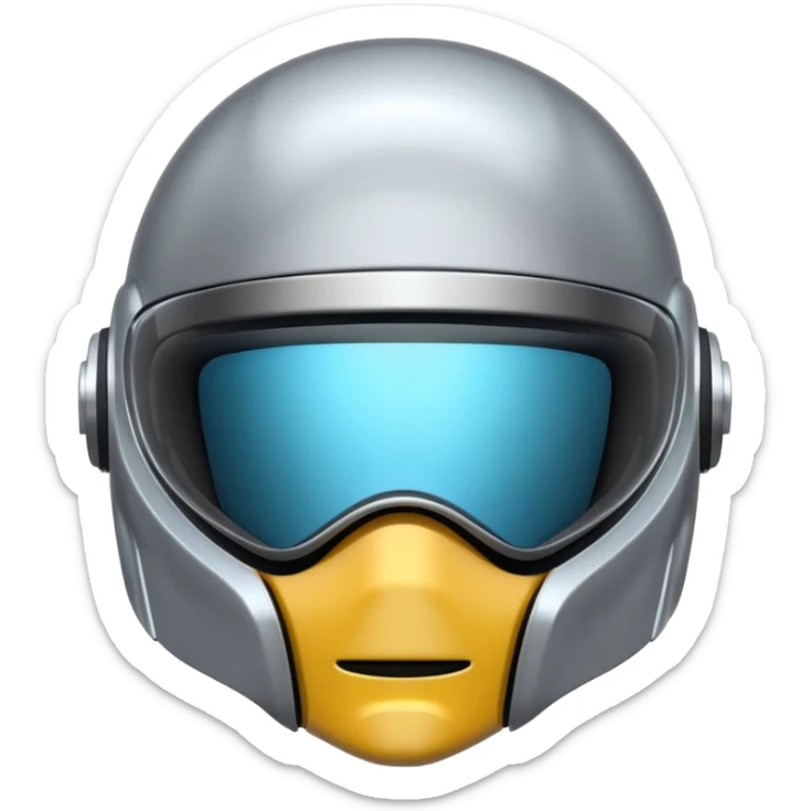 A futuristic helmet emoji made of silver chrome, smooth aerodynamic shape, minimal visor detail, reflective metallic surface, sci-fi aesthetic, iOS emoji style, centered on clean white background sticker