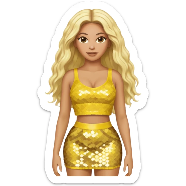 Beyonce with long platinum blonde hair, yellow sequin crop top and skirt sticker