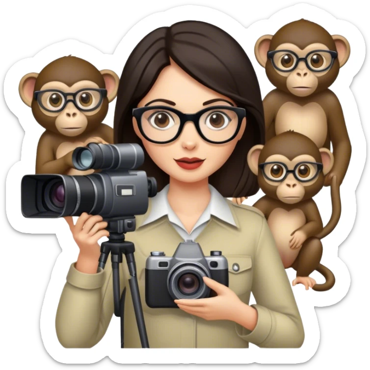 A white woman with dark hair and glasses with monkeys in the background and holding a video camera sticker