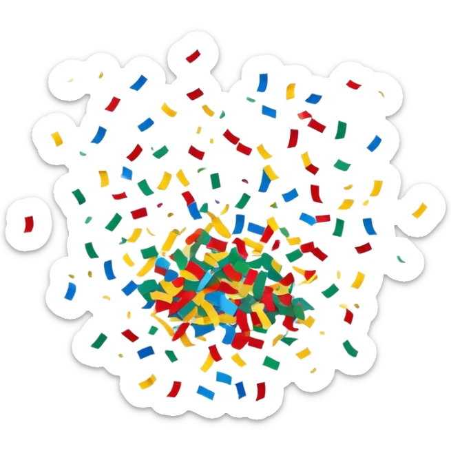 Colorful confetti pieces floating in the air, scattered randomly with a sense of motion. The confetti includes small paper strips and round shapes in vibrant colors like red, blue, yellow, and green. Soft shadows and subtle transparency give a light and festive feel. Flat, modern illustration, clean and minimal, white background. sticker