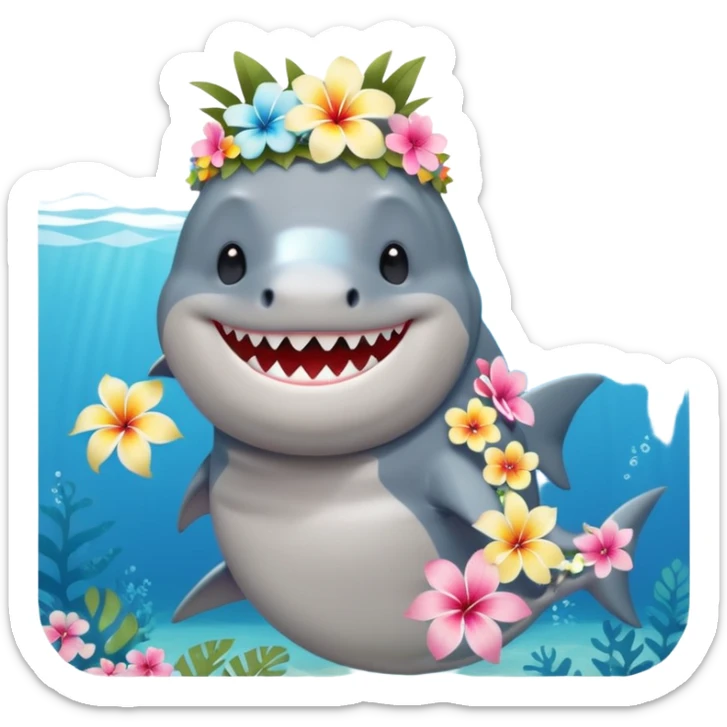 A cute chubby shark with hawaii pastel flower necklace and hawaiian flower crown, posing proudly. sticker