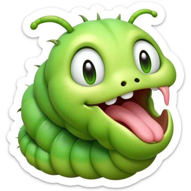 Cinematic Realistic Cute Yawning Caterpillar Portrait Emoji, Head tilted slightly with a dramatic, wide-open yawn, showcasing a soft, downy segmented body in vivid green with subtle drooping and half-closed, drowsy eyes, rendered with intricate natural texture and gentle shadows, high shine, relaxed yet expressive, styled with a dash of woodland charm, soft glowing outline, capturing the essence of a sleepy yet affectionate caterpillar that appears ready to stretch out and rest among the leaves! sticker