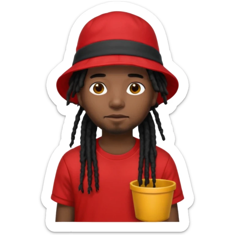 dark brown skin, black hair dreadlocks, wear red t-shirt, black bucket hat sticker