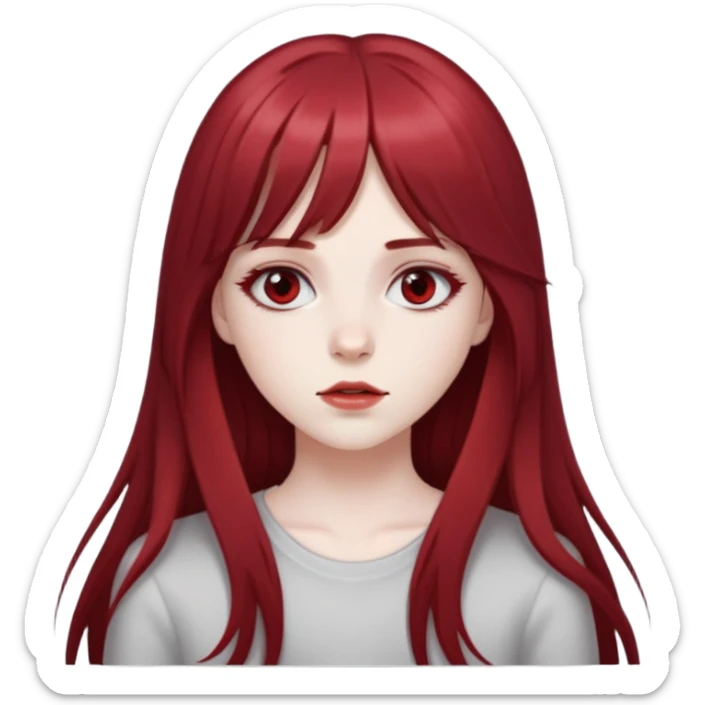 pale girl with deep red and long hair, having a long middle bang on her face, her eyes are greyish in colour sticker