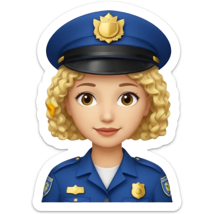 A light-skinned woman with short curly blonde hair, wearing a navy police hat with a badge, and a calm smile. sticker