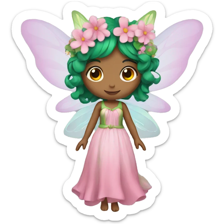 A fairy, green hair, wings, pink dress with flowers  sticker