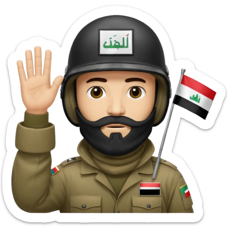 surrenders, depicts an Iraqi soldier from 1980, with a beard, in a helmet, a helmet with sign flag Iraq, with a balaclava, with sad eyes and both hands raised up sticker
