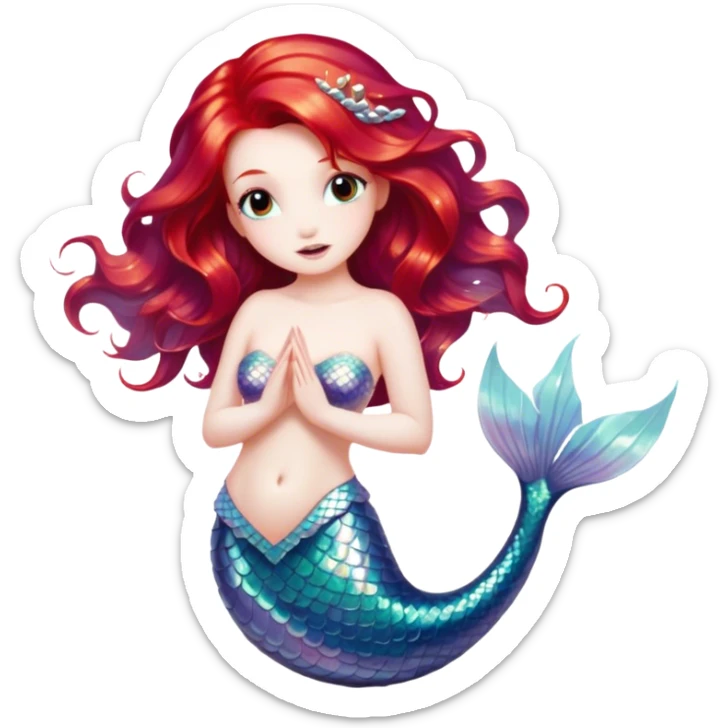 Cinematic Realistic Red Hair Mermaid Portrait, depicted with lifelike porcelain white skin that glows with an ethereal radiance, enhanced by soft underwater lighting. Her intricately detailed, flowing red hair cascades like liquid fire, framing deep, soulful eyes that mirror the mysteries of the deep sea. Accented by shimmering, iridescent scales and delicate aquatic embellishments, the portrait features an enchanting underwater glow that marries realism with mythic ocean elegance. sticker