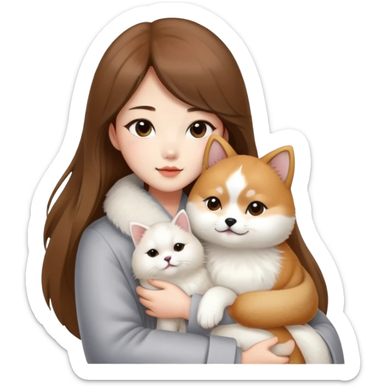 A Chinese fashion girl with brown hair, wearing a light gray fur coat, hugging a Shiba Inu and a long-haired white Persian cat. sticker
