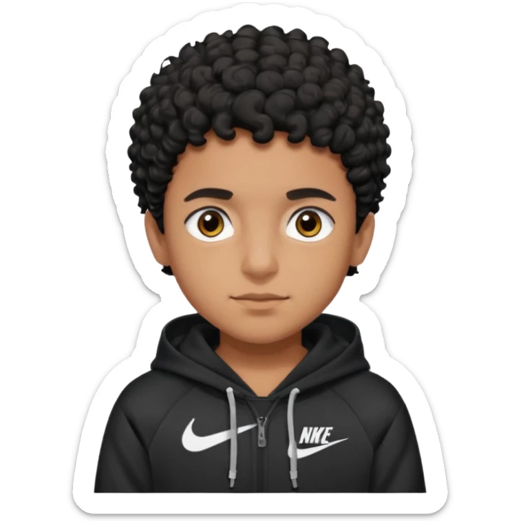 Pakistani brown skinned boy with black curly short hair and brown eyes. Black nike hoodie sticker