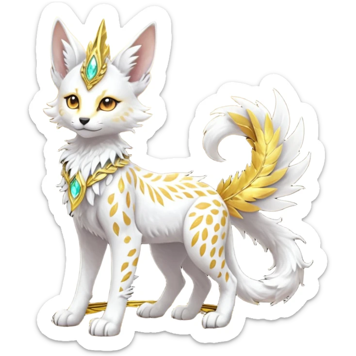 Epic complex fantasy glorious detailed futuristic divine godly angelic feathery sunny, white, albino, pastel, golden, orange glowing sparkly, realistic Fakémon-Sprigatito-Floragato-Meowscarada-Trico-Sergal-Serval-Solgaleo-Vernid-creature (full body) solarpunk, shiny sparkly with a gold laurel sticker