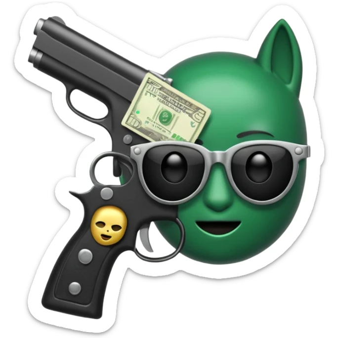 Un emoji con una mascara negra con una pistola pequeña en la mano y que en la otra mano tenga una paca de billetes sticker