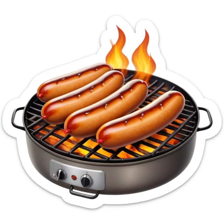 Cinematic Realistic Sausage Sizzle Dish Emoji, featuring sizzling sausages cooking over an open flame rendered with dynamic textures and warm, smoky lighting. sticker