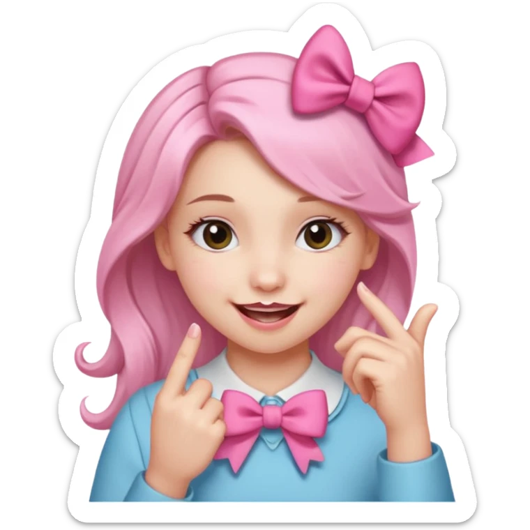 Chica sonriendo con un lazo rosa en la cabeza y mordiendose la punta del dedo indice con delicadeza y la otra mano que no salga sticker